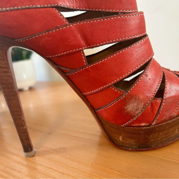 Christian Louboutin Red Leather Wooden Platform Heels - Picture 6 of 7